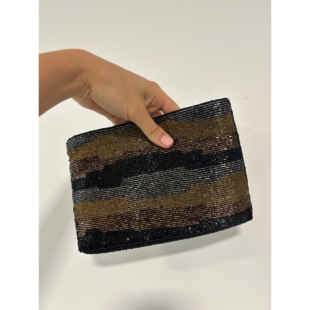 ADG Fashion Imports Vintage Beaded Clutch Bag Black Gold Silver Metallic Stripe